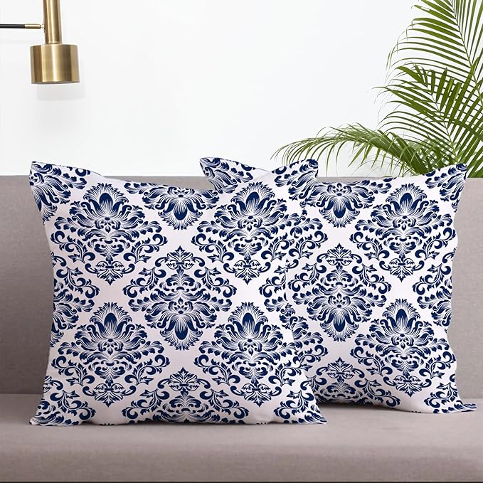 LOVOUS Navy Blue and White Damask Throw Pillow Covers 18x18 Inch Set of 2, Vintage Linen Decorative Pillow Covers for Bed Couch Sofa Bedroom Living Room Home Decor, B15