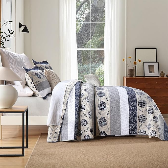 Homzard Quilt Queen Size - Queen Comforter Set,Navy Blue Beige Grey All Cotton Quilted Bedspread Set,Striped Floral Pattern Quilt,Lightweight Paisley 3 Piece Bedding,All Seasons