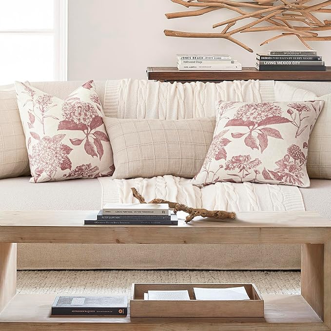 Foindtower Set of 2 Linen Floral Throw Pillow Covers Vintage Accent Print Decorative Cushion Covers Farmhouse Boho Home Decor for Sofa Chair Couch Bedroom Living Room,18×18 Inch,Dark Pink