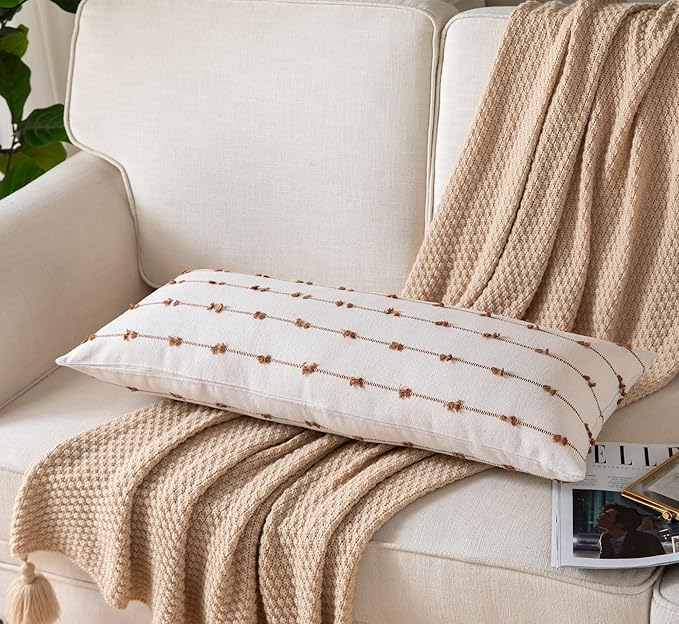 Caflife Boho Lumbar Throw Pillow Covers 14x36 inches Long, Farmhouse Decorative Body Pillow for Bed and Sofa, Living Room Home Decor Couch Brown Pillowcase, Pack of 1