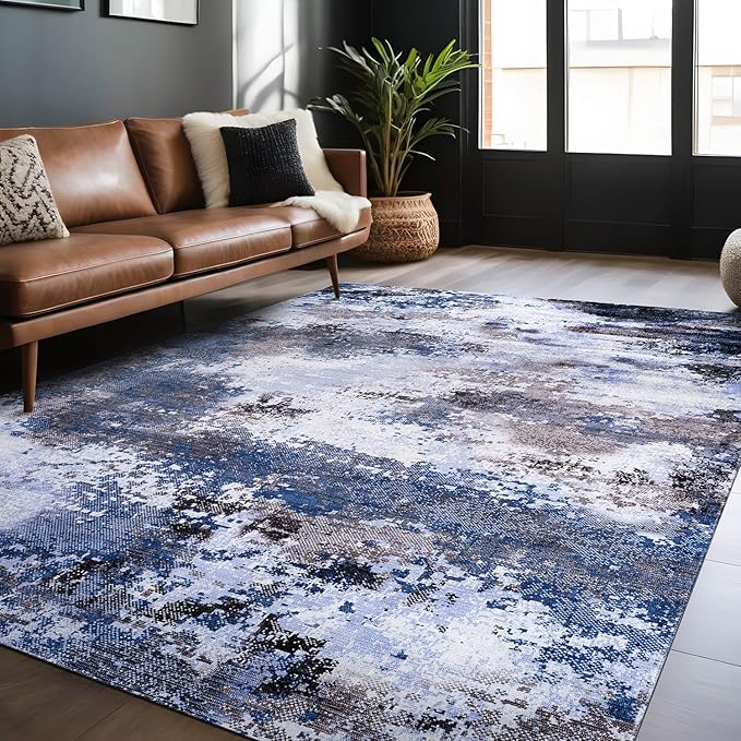 Non Slip Rugs 5x7 Modern Abstract Easy Silk Rubber Backing Soft Area Rug for Living Room Easy to Clean Non Shedding Kitchen for Bedroom Indoor Carpet (Navy - Blue, 5x7)