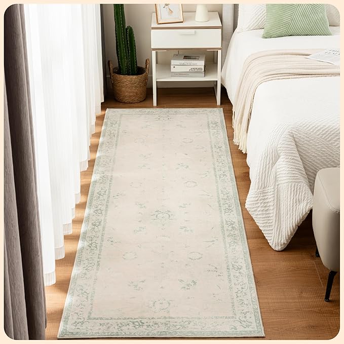 Istana Hallway Runner Rug 2.5x8 - Green Kitchen Rugs Non Slip Washable -Silk's Soft Touch Carpet Runner - Stylish Rugs for Home