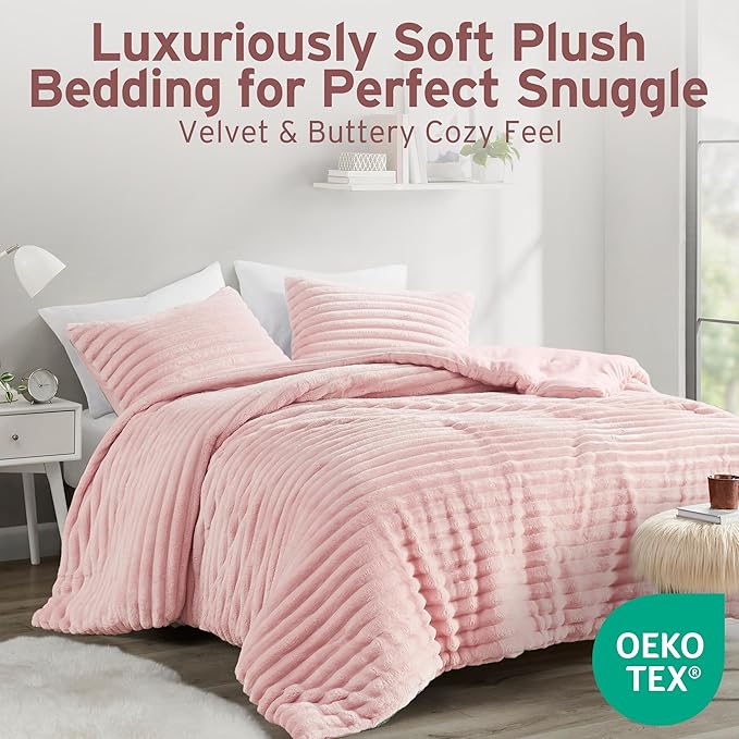 Intelligent Design Twin Comforter Set, Cozy Plush Bedding, Microfiber Reverse, 2 Piece, Lightweight, Super Soft Ribbed Velvet Comforter 1 Sham, All Season Fluffy Bed Set, Avril, Twin/Twin XL Pink