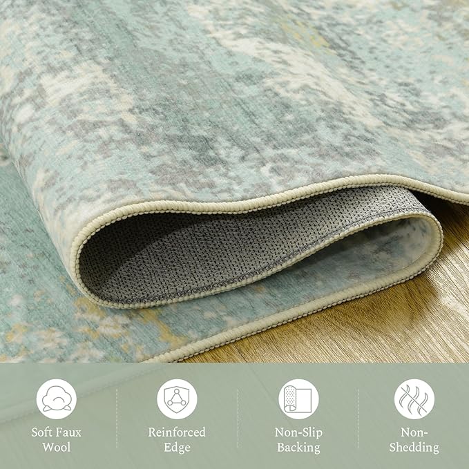 Rugflix 8x10 Area Rugs for Living Room, Washable Large Rug Stain-Resistant Low Pile, Modern Carpet for Dining Room Home Office Kid Room Nursery Bedroom, Light Green