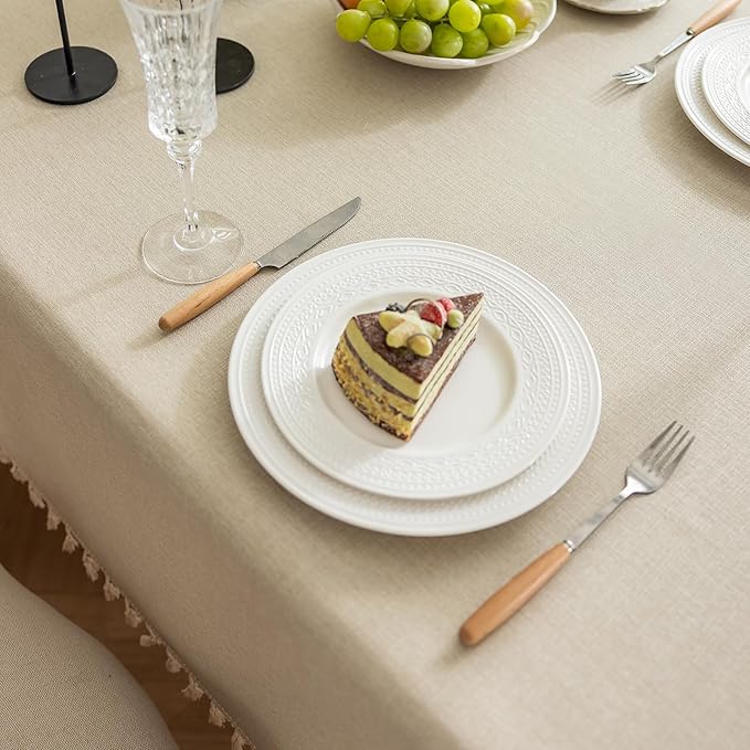 1 Pack Heavy Duty Cotton Tablecloth Soft Wrinkle Resistant Fabric with Decorative Tassles Fringe for Kitchen Dining Table, Warm Beige, 55x120 Inch