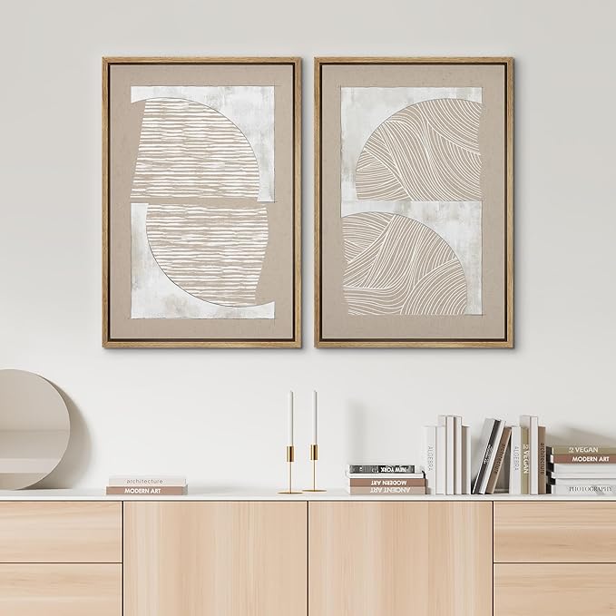 SIGNWIN Framed Canvas Print Wall Art Set Grunge Tan White Art Deco Polygons Abstract Shapes Illustrations Minimal Decorative Nordic Zen Bohemian for Living Room, Bedroom, Office - 16"x24"x2 Natural