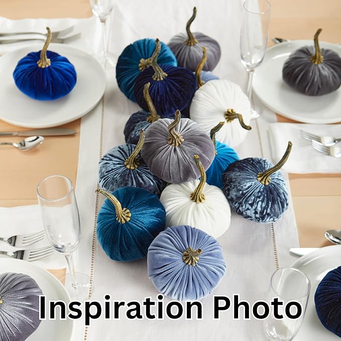 Your Heart's Content Set of 4 Small Velvet Pumpkins, Indigo Blue Decor, Gift Our Little Pumpkin Baby Shower Decorations boy, White Pumpkin Centerpiece, Navy (Sm 2Indigo Navy Ivory)