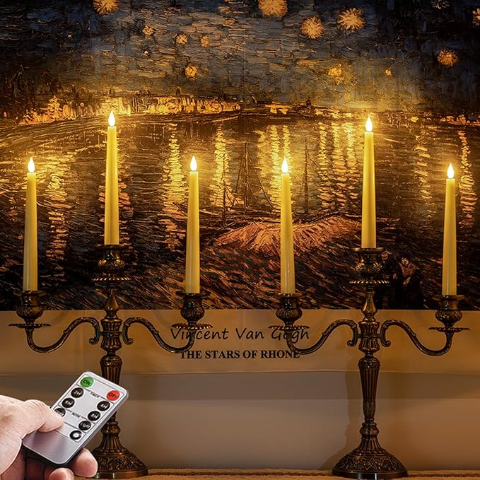 Homemory 6 Pcs Waxy Flameless Taper Candles with Remote, Flickering Battery Operated Candlesticks, Led Fake Candles Tall Candle for Home, Wedding, Party, Ivory, 9.6 inches