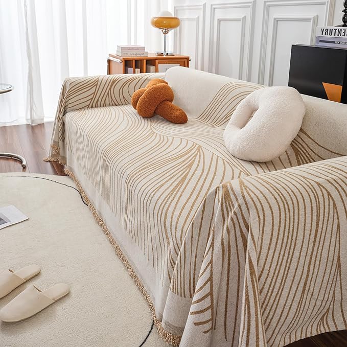VClife XL Sofa Cover Chenille Couch Cover for 3 Cushion Couch Sofa, Modern Beige Khaki Striped Couch Covers for Kids Washable Sectional Sofa Protector with Tassel 71"X134"