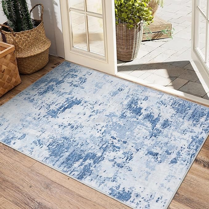 Modern Abstract 2x3 Area Rug Non Slip Non Shedding Low Pile Stain Resistant Rug for Entryway Kitchen Bedroom,Light Blue