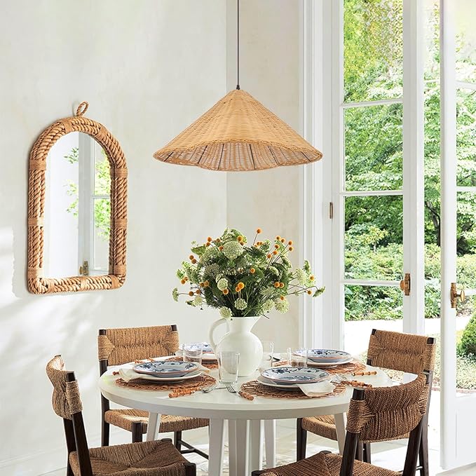 Arturesthome 19.6" Rattan Chandelier Boho Pendant Light,Hand Woven Pendant Lighting for Dining Room,Rustic Hanging Light Ceiling Light for Living Room Bedroom