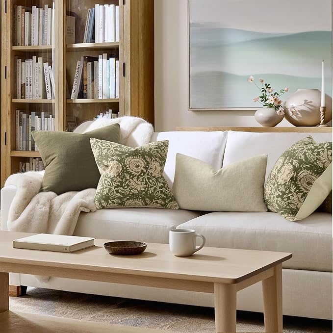 Vintage Floral Print Throw Pillow Covers 18x18 Set of 2 Neutral Modern Farmhouse Pillowcases Accent Decorative Cushion Covers Boho Home Decor for Couch Sofa Chair Bed Living Room, Olive Green