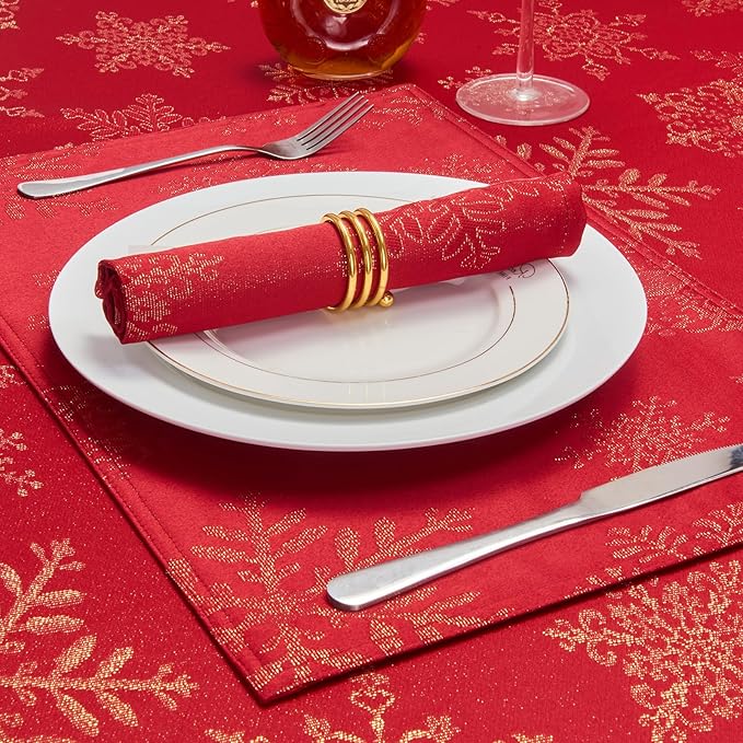 Rectangle Fancy Metallic Sparkling Snowflake Christmas Fabric Table Cloth red Hunter Gold Navy White Silver No-Iron Soil Resistant Woven Holiday Table Cover(Red Gold/60x120Inch)