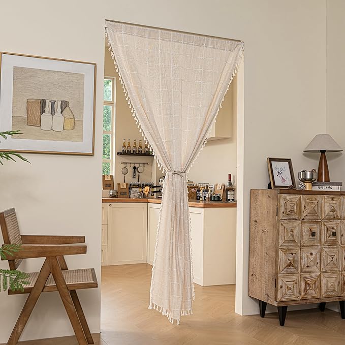 Sutuo Home Boho Door Window Curtains, Bohemian French Country Door Semi Blackout Curtains for Doorway Tassels Privacy Vintage Chic Stripes Decor, Rod Pocket 1 Panel 37" W x 80" L, Light Coffee Plaids