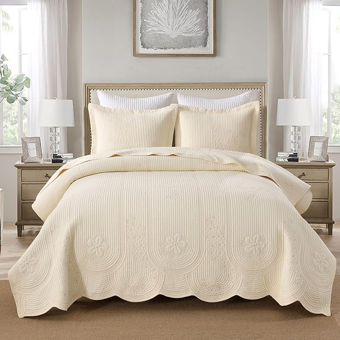 MarCielo 100% Cotton Quilt Set Lightweight Bedspread with Scalloped Edge, Farmhouse Vintage Bedding, All Season Use(Tu Beige,King (114"x102"))