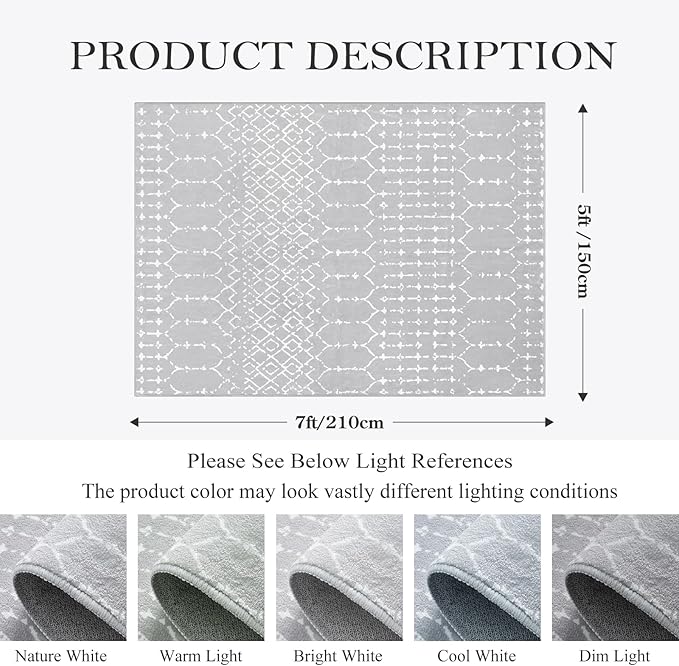 Lahome Moroccan Machine Washable Rugs - 5x7 Area Rugs for Living Room Soft Non-Slip Throw Indoor Grey Rug, Modern Geometric Print Low-Pile Floor Carpet for Bedroom Under Dining Table Home Office