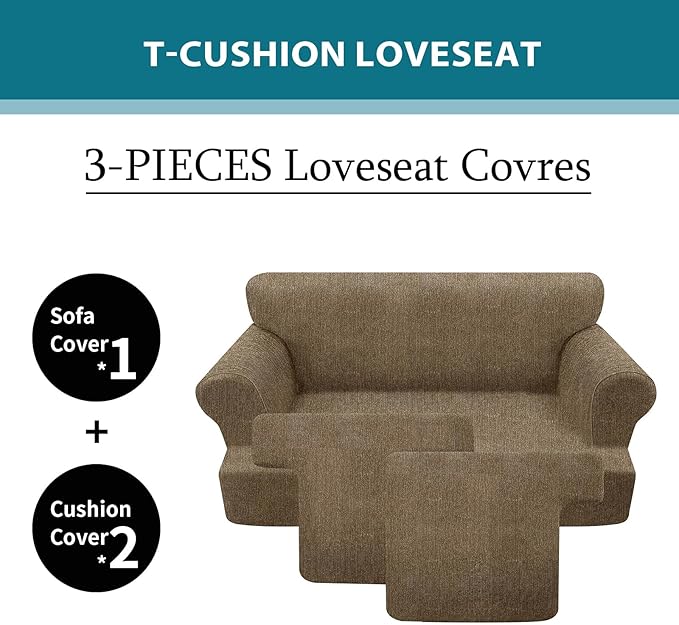 T Cushion Loveseat Slipcover 3 Pieces Sofa Covers for T Cushion Sofa Stretch Slip Covers for 2 Cushion Couch with 2 Individual T Shape Seat Covers (Brown, 2 Cushion)