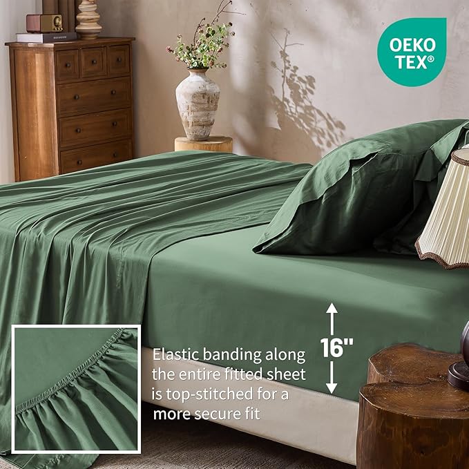 MEISHANG 1000 Thread Count Cotton Sheets Queen Size - 100% Egyptian Cotton, Sateen Weave, Soft & Breathable, Oeko-Tex Certified, 16" Deep Pockets - 4 Piece (Queen, Sage Green)