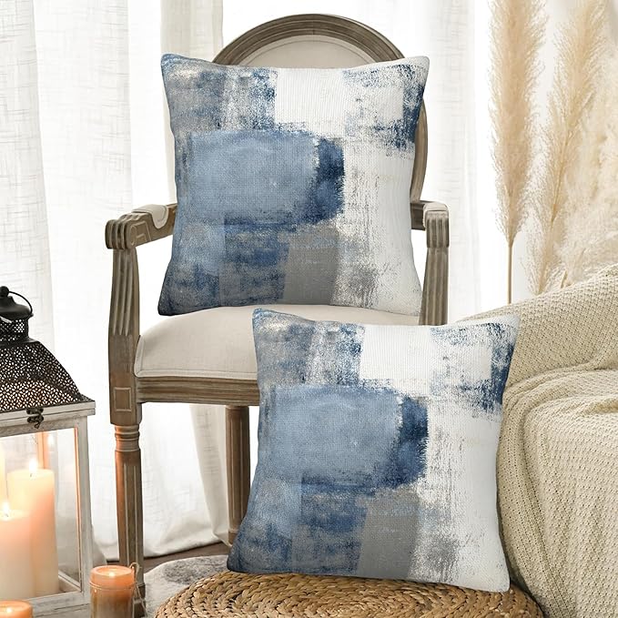 Blue and Grey Abstract Art Pillow Covers 18X18 Set of 2, Grunge Style Oil Painting Decorative Throw Pillow Covers, Pillowcase Cushion Case for Home Sofa Couch Indoor Outdoor Decorations