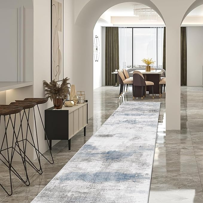 Enkor Runner Rugs for Hallway, 2'7"x13 Washable Soft Non Slip Rugs Abstract for Kitchen, Modern Mat for Entryway Living Room Bedroom Blue & Grey