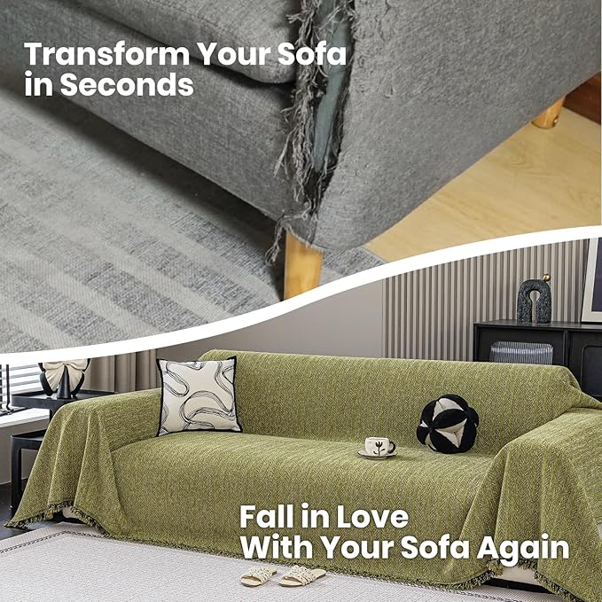 Nobildonna Sofa Cover Washable Soft Thicken Chenille Couch Cover with Tassel,Waterproof Sofa Slipcovers for 2 Cushion Couch,Loveseat,Futon Couch Furniture Protector Pet-Friendly,Yellow Green 71"x102"