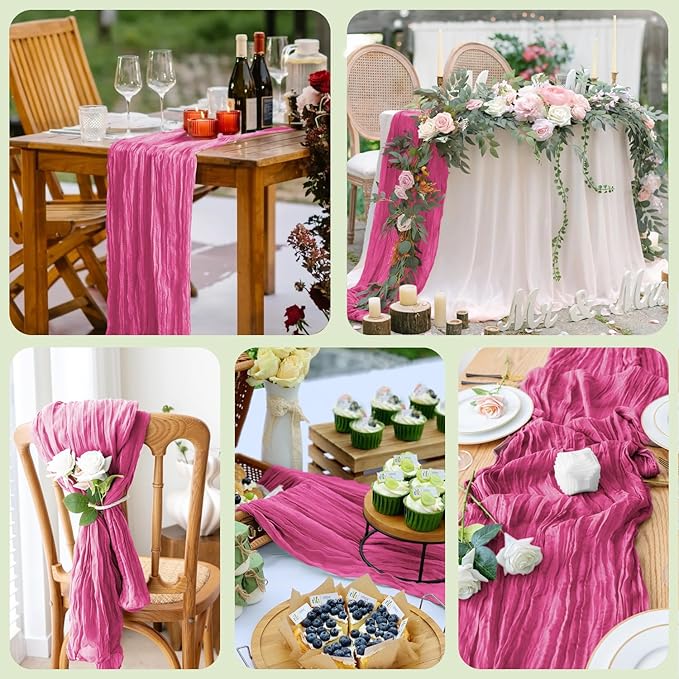 Wokceer Cheesecloth Table Runner 4Pack 10FT Deep Pink Boho Gauze Cheese Cloth Table Runner for Party Long Rustic Sheer Table Runners for Baby Bridal Shower Wedding Easter Table Decor