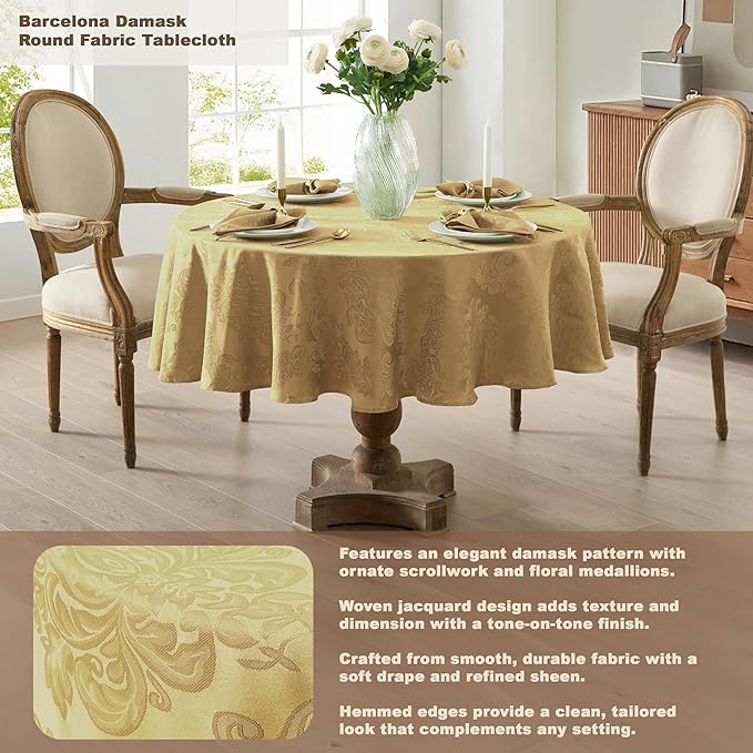 Newbridge Barcelona Damask Fabric Tablecloth, 70 Inch Round, Gold – No Iron, Soil Resistant Table Cover for Dining, Parties and Holidays