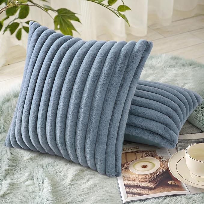 decorUhome Faux Fur Christmas Throw Pillow Covers 22x22 Set of 2, Decorative Soft Plush Striped Neutral Couch Euro Pillow Covers with Velvet Back for Sofa, Bed, Living Room Home Decor, Grey Blue