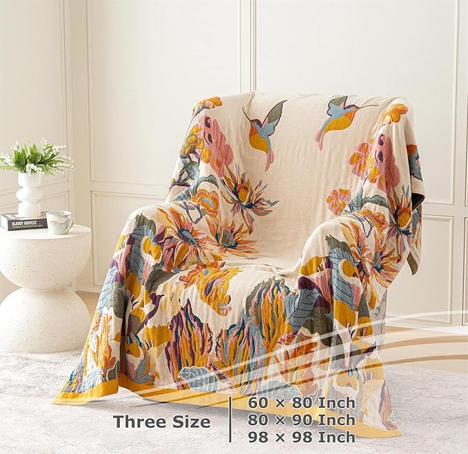 Boho Throw Blanket for Bed 100% Cotton Ultra Soft Rustic Quilt Floral Printed Farmhouse Decor Fall Bed Blankets,98"×98" All Season Rustic Throw for Sofa Couch Chair