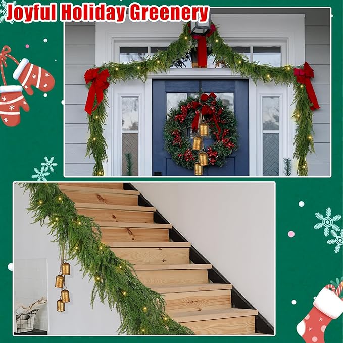 Fovths 1 Pack 6 Feet Christmas Norfolk Garlands Set Artificial Faux Greenery Garland 4 Cow Bell with Jute Hanging Rope Light String Winter Pine Garland for Xmas Indoor Holiday Decor, Green