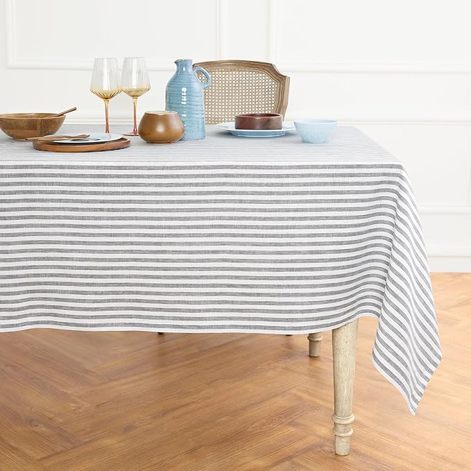 Solino Home Linen Tablecloth 60 x 90 Inch - Amalfi Stripe 100% Pure Linen Grey and White Table Cloth for Rectangle Tables - Machine Washable Fabric Tablecloth for Fall, Autumn