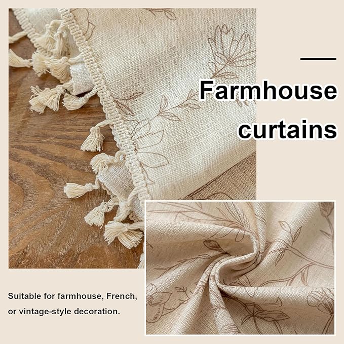 OYX Boho Curtains, Floral Curtains Beige with Garden Birds, Farmhouse Birds Drapes 63 Inches Length Semi Sheer, Rod Pocket Vintage French Country Window Curtain Set 2 Panels for Kitchen, Bedrooms