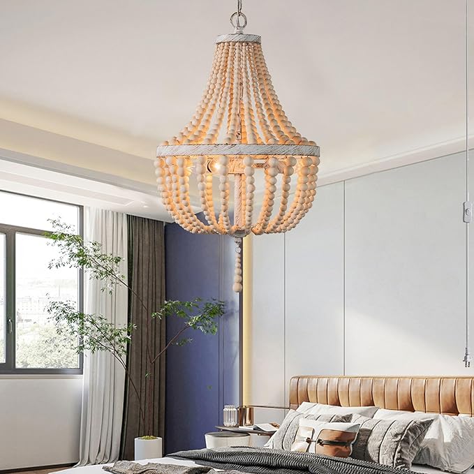 3-Light Mini Wood Beaded Boho Plug in Chandelier Dimmable and Timer Pendant Light Fixture with Swag Cord Antique Metal Finish Natural Color Beads for Dining Room Girls Bedroom Living Room Foyer