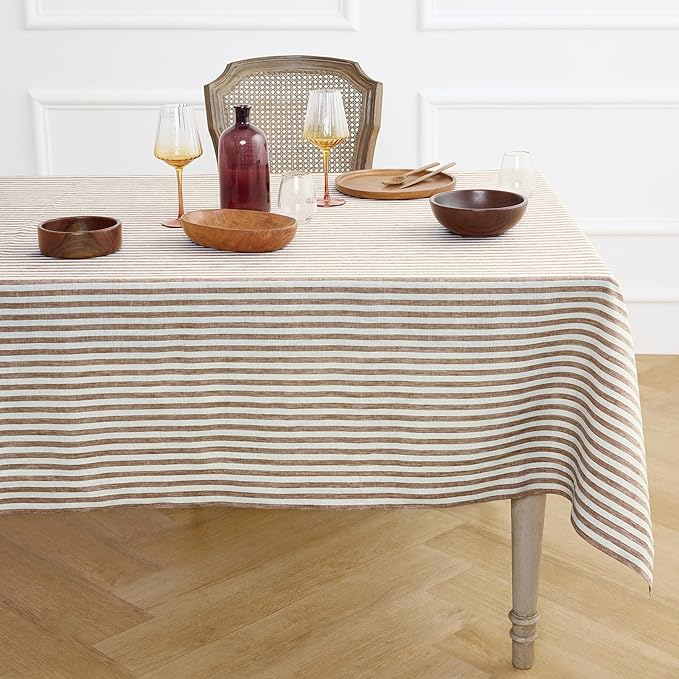 Solino Home Linen Tablecloth 60 x 90 Inch - Amalfi Stripe 100% Pure Linen Brown and Cream Table Cloth for Rectangle Tables - Machine Washable Tablecloth for Fall, Autumn, Thanksgiving