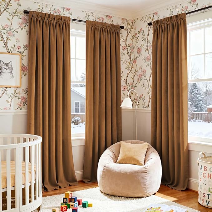 Lazzzy Velvet Blackout Curtains Thermal Insulated Room Window Drapes Super Soft Luxury Curtains for Living Room Bedroom Rod Pocket 2 Panels, Gold Brown, 62" W x 96" L