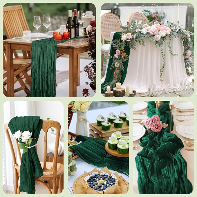 Wokceer Cheesecloth Table Runner Christmas 12Pack 10FT Emerald Green Boho Gauze Cheese Cloth Table Runner for Party Rustic Sheer Table Runners for Baby Bridal Shower Wedding Easter Table Decor
