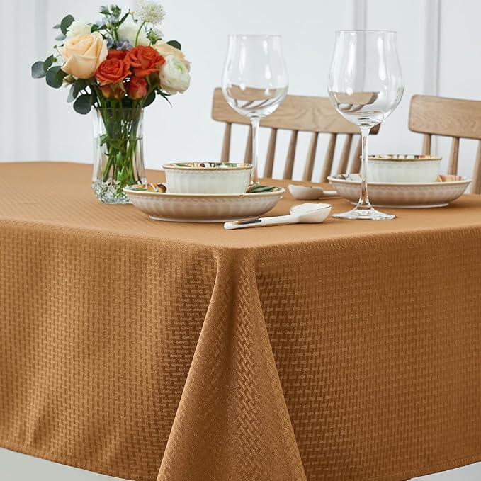 maxmill Weaved Texture Design Harvest Tablecloth Water Resistant Wrinkle Free Spill-Proof Soft Table Cloth for Fall Harvest Thanksgiving Parties Dinner Decoration, Rectangle 52 x 84 Inch Amber