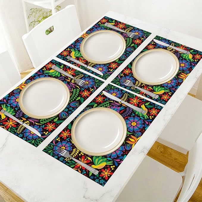 Mexican Flroal Birds Placemat Set of 4, 12x18 Inch Black Colorful Mexico Floral Fiesta Birds Talavera Dia De Los Muertos Day of The Dead Coffee Table Mats for Outdoor Kitchen Dining Table Decoration