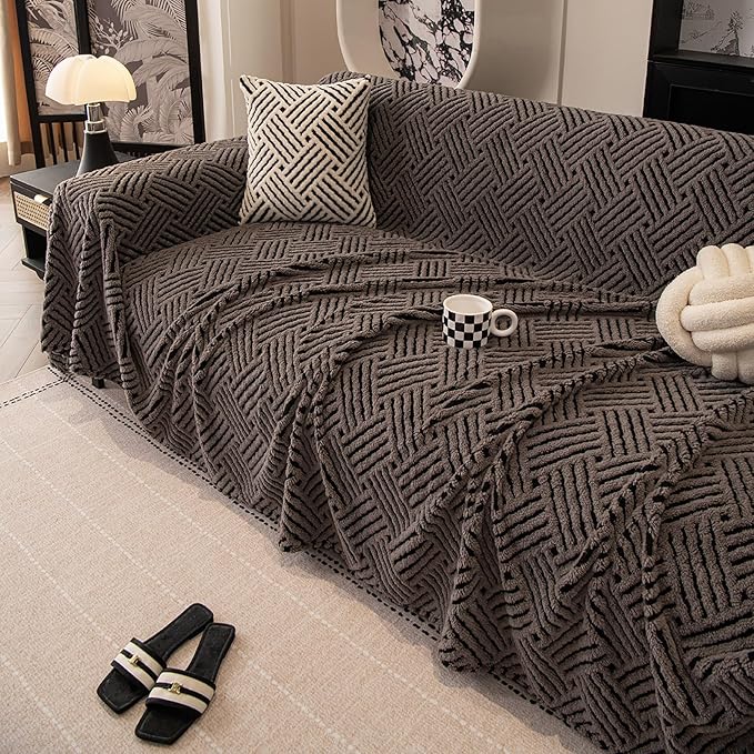 ROOMLIFE Striped Boho Gray Couch Cover for 2-3 Cushion Sofa, Fuzzy Plush Warm Sofa Slipcovers Sectional Sofas Covers, Non Slip Washable Furniture Protector Soft with Tassel,Winter 71''X150”