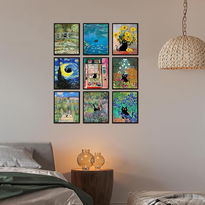 Funny Black Cat Poster Set of 9, Vintage Monet Matisse Van Gogh Black Cat Wall Art Prints, Retro Black Cats in Famous Paintings Posters Prints, Cute Colorful Cats Aesthetic Pictures Wall Decor for Bathroom Bedroom Dorm Home Decor (8x10 UNFRAMED)