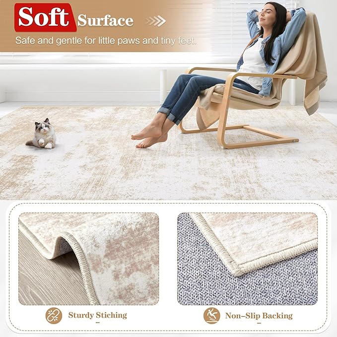 9x12 Area Rugs for Living Room: Washable Modern Abstract Rug Large Soft Non Slip Living Room Rug Indoor Low Pile Carpet for Bedroom Dining Room Home - Beige