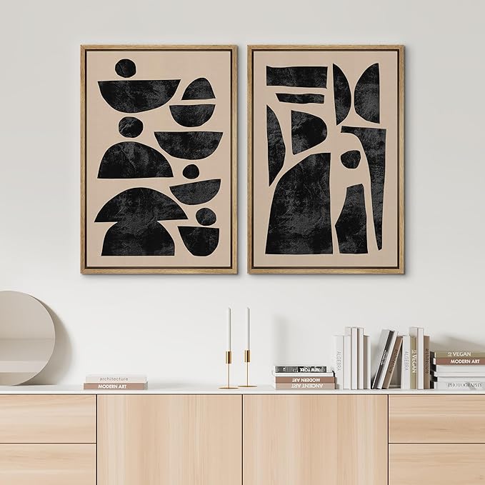 SIGNWIN Framed Canvas Print Wall Art Set Mid-Century Semi-Circle Polygons Variety Abstract Shapes Illustrations Modern Art Minimal Boho for Living Room, Bedroom, Office - 24"x36"x2 Natural