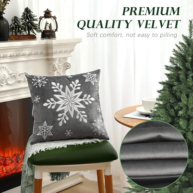 Lewondr Christmas Throw Pillow Covers, 20x20 Inch Snowflake Embroidery Pillow Cases Home Xmas Decorative Holiday Decor Cushion Covers Soft Velvet Pillow Cover for Sofa Bed Chair Set of 2, Gray