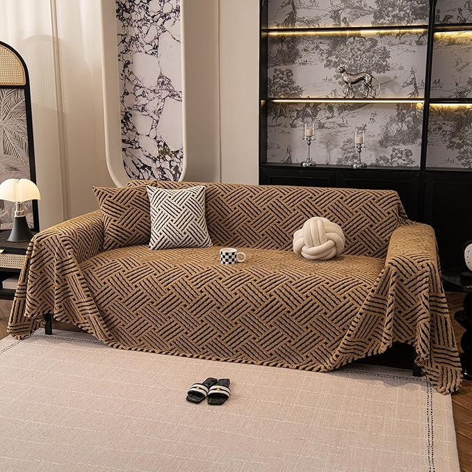 ROOMLIFE Striped Boho Khaki Couch Cover for 2-3 Cushion Sofa, Fuzzy Plush Warm Sofa Slipcovers Sectional Sofas Covers, Non Slip Washable Furniture Protector Soft with Tassel,Winter 71''X118”