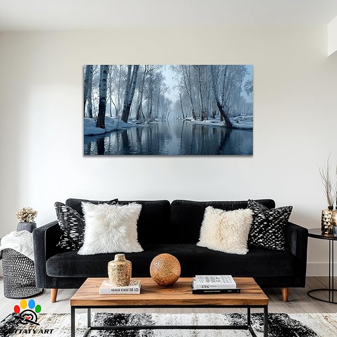 GUTTATY Christmas Winter Scene Canvas Wall Art, Snow Forest Canvas Prints, Tranquil Birch Tree Pictures, Serene Blue Wall Decor for Living Room, Bedroom, Holiday Decoration, 60x30 Inch