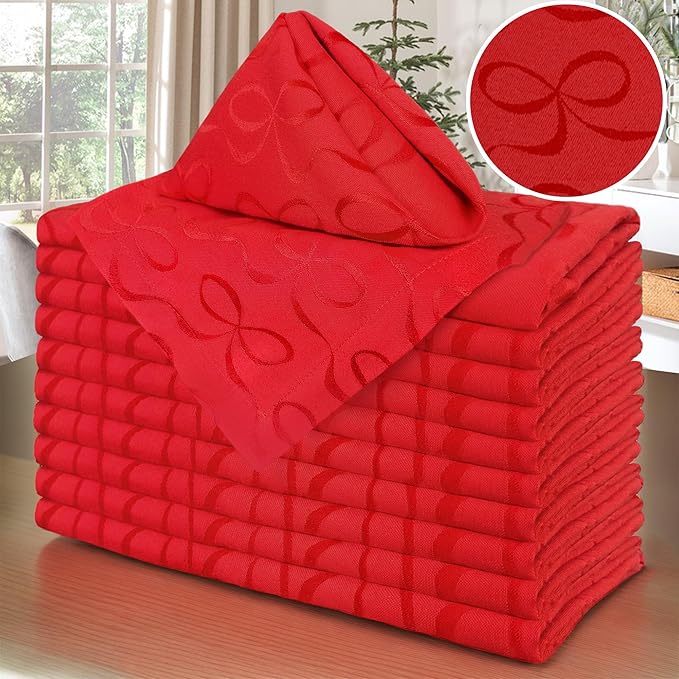 Red Napkins Cloth, Square Napkins 18"x18" - Cotton & Polyester | Wrinkle/Fade Resistant - 12PC Reusable Napkins Washable, Christmas Table Napkin for Wedding, Dinner & Party, Bow Jacuqard