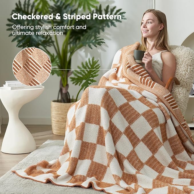 Snuggle Sac Checkered Orange Throw Blanket for Fall,Super Soft Reversible Cozy Warm Blanket for Couch Sofa Bedroom,Cute Lightweight Striped Throws for Women,Heather Orange,60x80 inches
