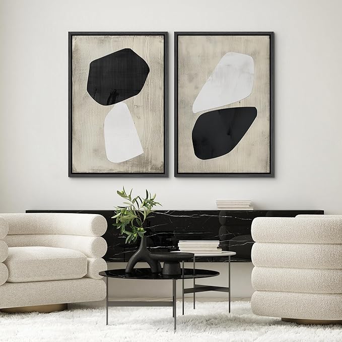 SIGNWIN Framed Canvas Print Wall Art Set Mid-Century Grunge Duotone Polygons Abstract Shapes Illustrations Minimal Decorative Nordic Zen Bohemian for Living Room, Bedroom, Office - 24"x36"x2 Black