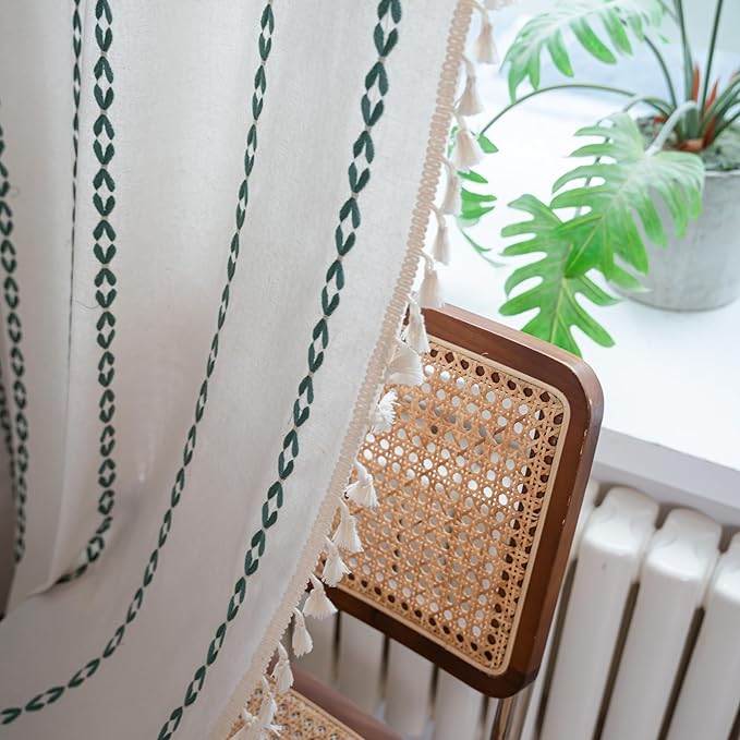 Sutuo Home Boho Curtains for Dining Room Kitchen, Semi Blackout Farmhouse Vintage Tassels Window Treatment Bohemian Embroidery Drape, Rod Pocket 1 Panel 52" W x 63" L, White and Emerald Green