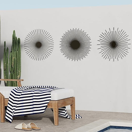 NEODECO Sun Rays-Triple Metal Wall Art, Geometric Sun Decor, Metallic colors, Large 3D wall sculpture, model BCD, Set of 3 (Black, Small)